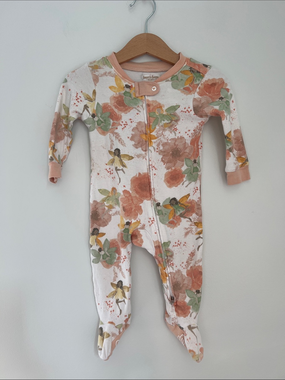 Burt's Bees Baby | Organic Cotton Peach Floral & Fairy Footed One-Piece Sz 3-6M
